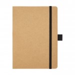Caderno de papel reciclado, porta-caneta, folhas A5 pautadas cor preto segunda vista frontal