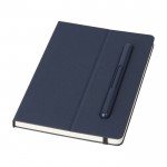 Caderno ecológico com caneta embutida e folhas listradas cor azul-marinho