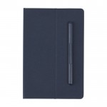 Caderno ecológico com caneta embutida e folhas listradas cor azul-marinho segunda vista frontal