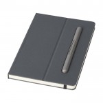 Caderno ecológico com caneta embutida e folhas listradas cor cinzento