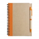 Bloco de notas com capa e caneta reciclados cor cor-de-laranja primeira vista