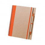 Caderno e caneta em cartão reciclado com logo cor cor-de-laranja