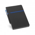 Caderno A5 com borracha horizontal e caneta cor azul real