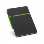 Caderno A5 com borracha horizontal e caneta cor verde claro