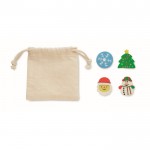 Conjunto de 4 borrachas de estilo natalício com saco de algodão cor bege