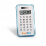 Calculadoras promocionais com design cor azul quarta vista com logotipo