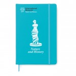 Cadernos personalizados de páginas com riscas cor turquesa quarta vista com logotipo