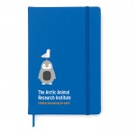 Cadernos personalizados de páginas com riscas cor azul real quarta vista com logotipo