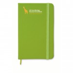 Cadernos personalizados de páginas com riscas cor verde lima quarta vista com logotipo