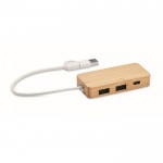 Hub USB de bambu com 3 portas e cabo com comprimento de 20cm cor madeira