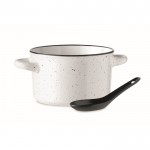 Tigela de sopa em cerâmica com colher cor branco