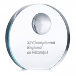 Troféu publicitário com esfera cristal cor transparente quarta vista com logotipo