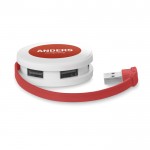Hub promocional USB de 4 portas cor vermelho quarta vista com logotipo