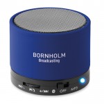 Colunas publicitária circular Bluetooth cor azul real quarta vista com logotipo