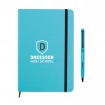 Set de caderno A5 e caneta para publicidade cor turquesa quarta vista com logotipo