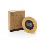 Relógio de secretária redondo de bambu cor madeira vista com caixa