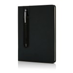 Original caderno com logo e caneta na capa cor preto