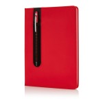 Original caderno com logo e caneta na capa cor vermelho
