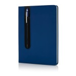 Original caderno com logo e caneta na capa cor azul real