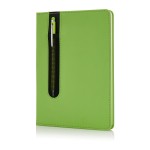 Original caderno com logo e caneta na capa cor verde
