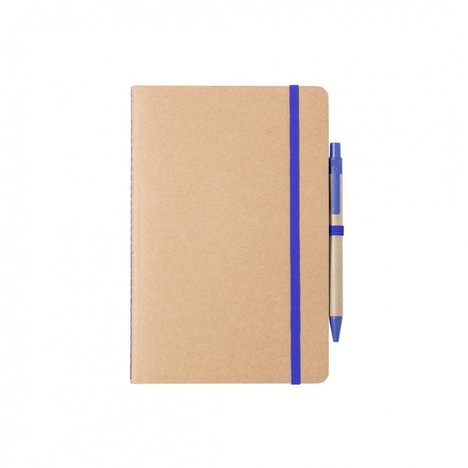 Caderno de cartão reciclado com caneta para brinde - azul
