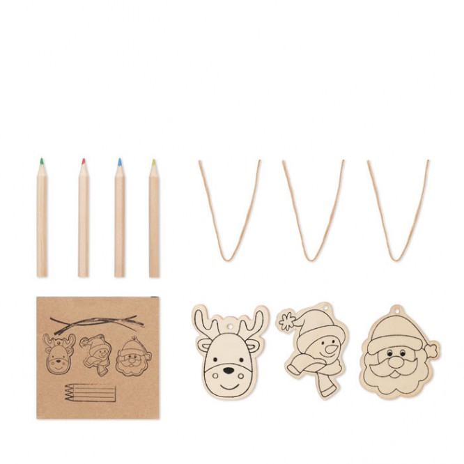 Set de 3 enfeites natalícios de madeira e lápis apresentados em caixa