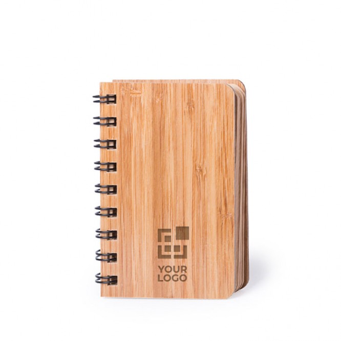 Bloco de notas B7 com argolas e capa de bambu cor madeira