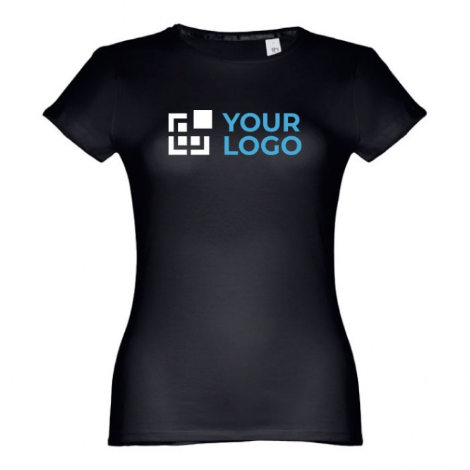 T-shirt de senhora para imprimir o logotipo cor preto primeira vista