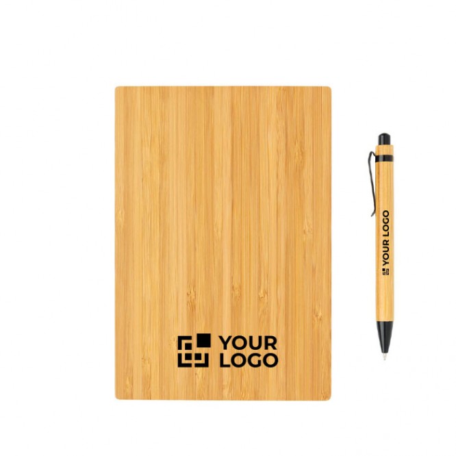Caderno e caneta para brindes em bambu cor castanho