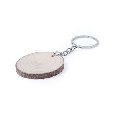 Porta-chaves redondo de madeira com logotipo cor marfil
