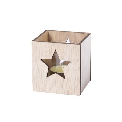 Vela com estrela aberta na caixa de madeira cor madeira clara vista principal