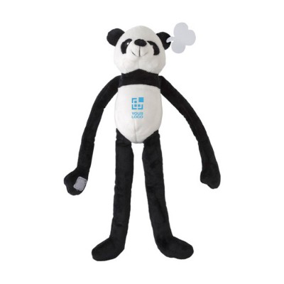 Panda de peluche com velcro nas mãos e etiqueta com logótipo