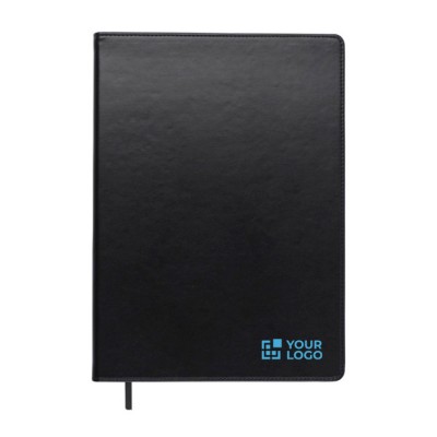 Caderno com capa de pele sintética preta, folhas A4 pautadas