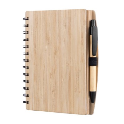 Caderno com capa de bambu e caneta