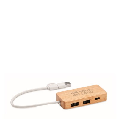 Hub USB de bambu com 3 portas e cabo com comprimento de 20cm