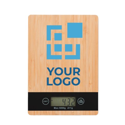 Balança de cozinha digital com logo da marca cor madeira