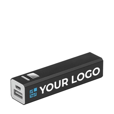 Power bank personalizado de alumínio 2.200mAh cor preto quarta vista com logotipo