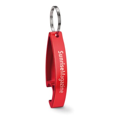 Porta-chaves abridor promocional para publicidade cor vermelho quarta vista com logotipo