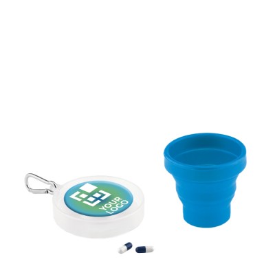 Porta-chaves com copo dobrável e caixa de comprimidos cor azul