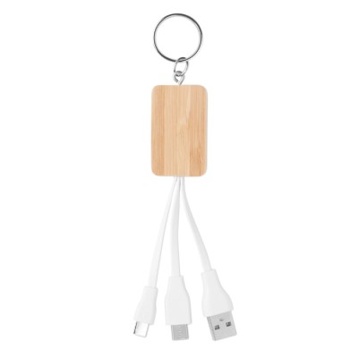Porta-chaves com logotipo e cabos USB cor madeira