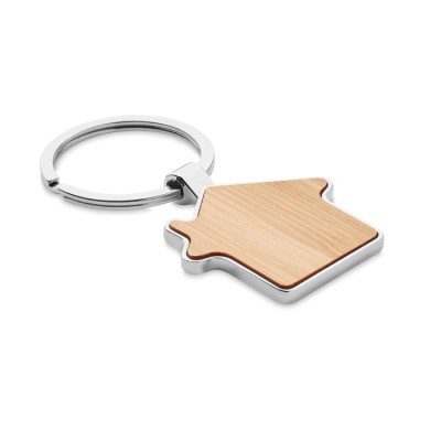 Porta-chaves merchandising com forma de casa cor madeira