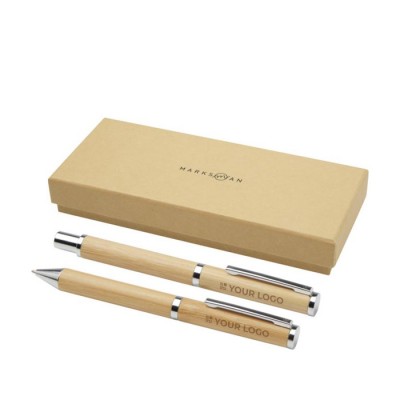 Set caneta/roller de bambu, detalhes de cobre, tinta preta