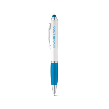 Uma caneta tátil clássica com corpo de cor branca e tinta azul