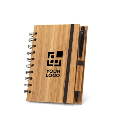 Caderno reciclado com caneta e capa de bambu folhas A5 pautadas