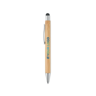 Caneta tátil de bambu acabamento cromado tinta azul