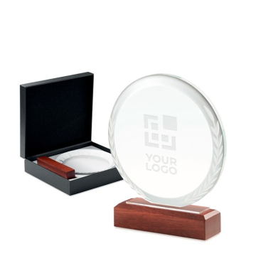Troféu redondo de vidro com base de madeira