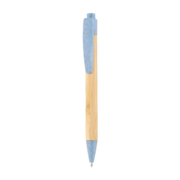 Caneta económica de bambu com detalhes coloridos tinta azul