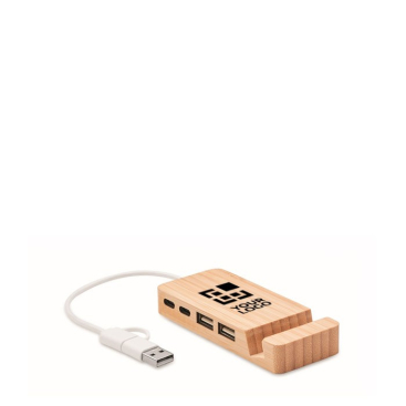 Hub USB de bambu com 4 portas e cabo de 20cm