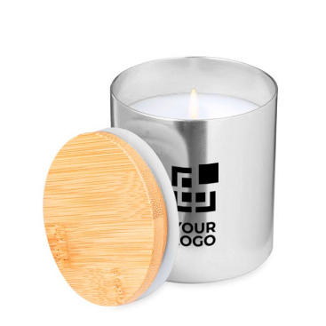 Vela com aroma a baunilha em frasco de metal com tampa de bambu