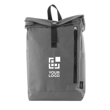 Mochila roll-top em poliéster com fecho vertical na frente